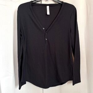 Athleta Womens Wind Down Henley Top Medium Black Waffle Knit Modal Blend 18339x